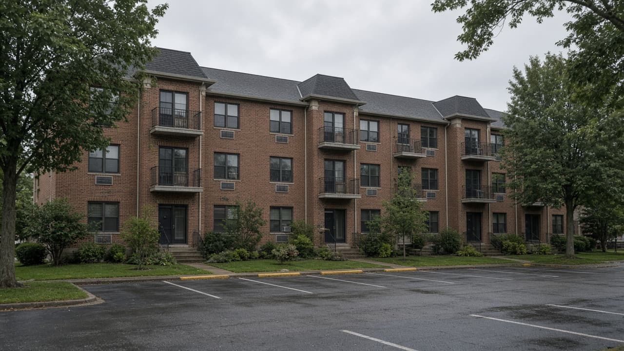A three-story brick apartment building with surface parking.
