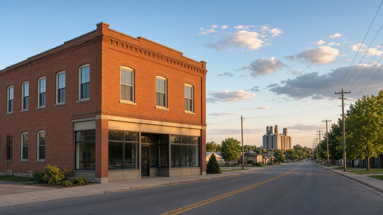 A maintained brick commercial building on a small-town corner, with a grain elevator in the distance.