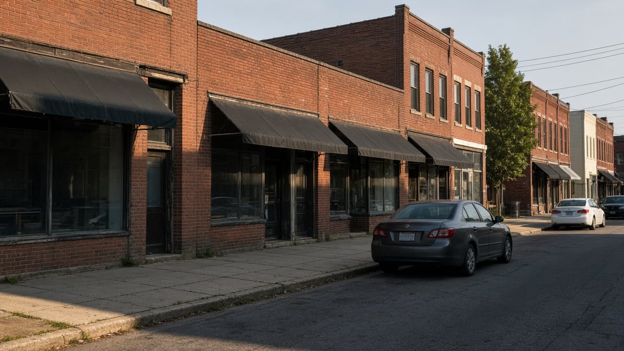 A row of older brick storefronts along a sidewalk.