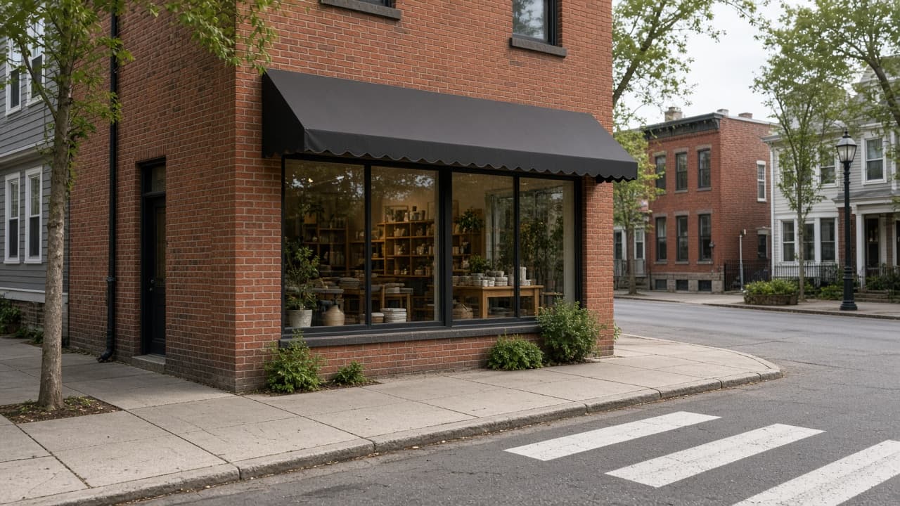 Brick corner storefront with a dark awning and shop windows at the sidewalk.