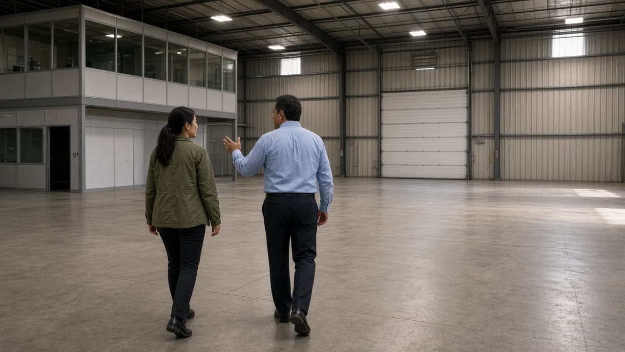 Two people walking an empty flex warehouse toward a drive-in door.