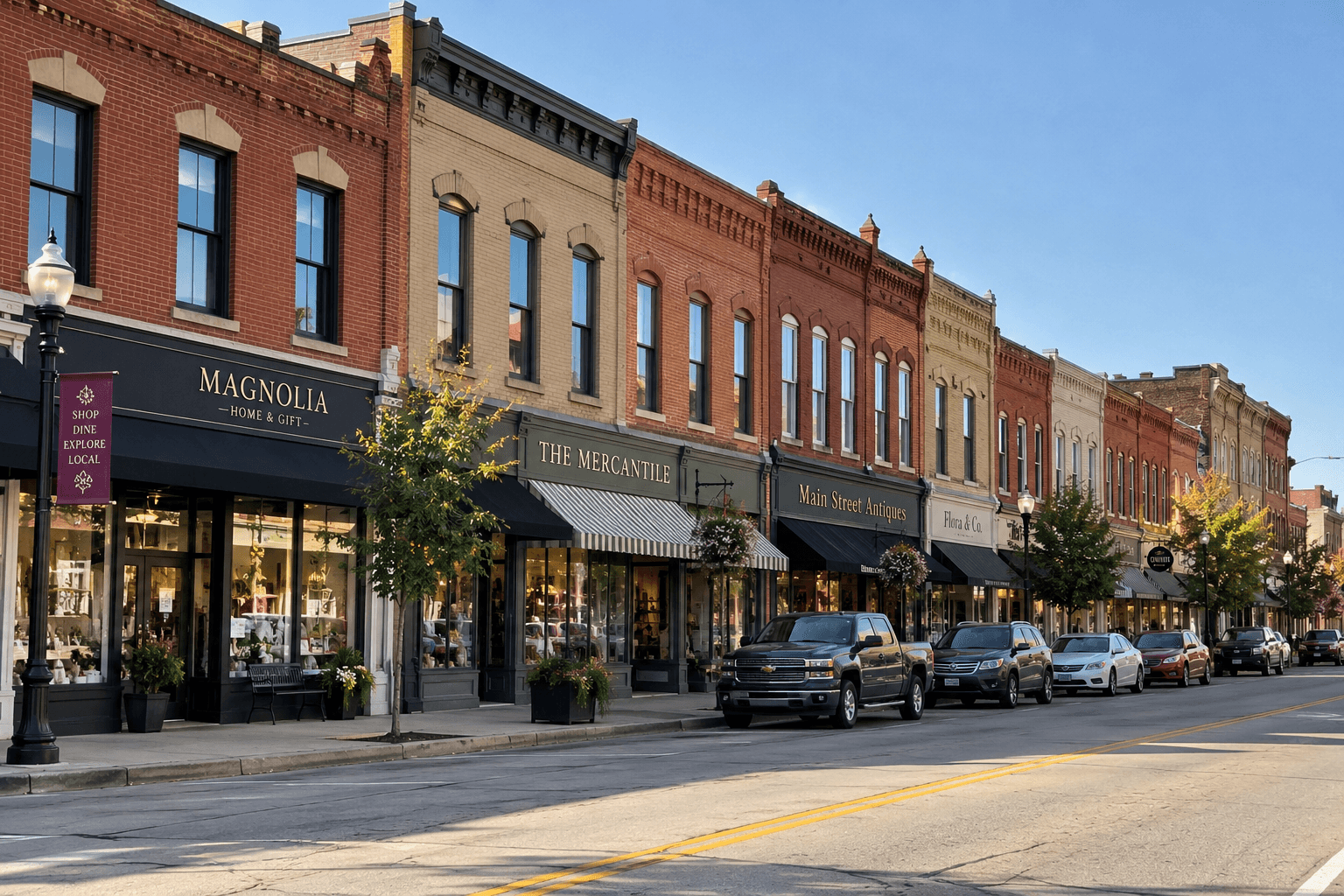 Historic downtown commercial main street with brick storefronts in daylight.