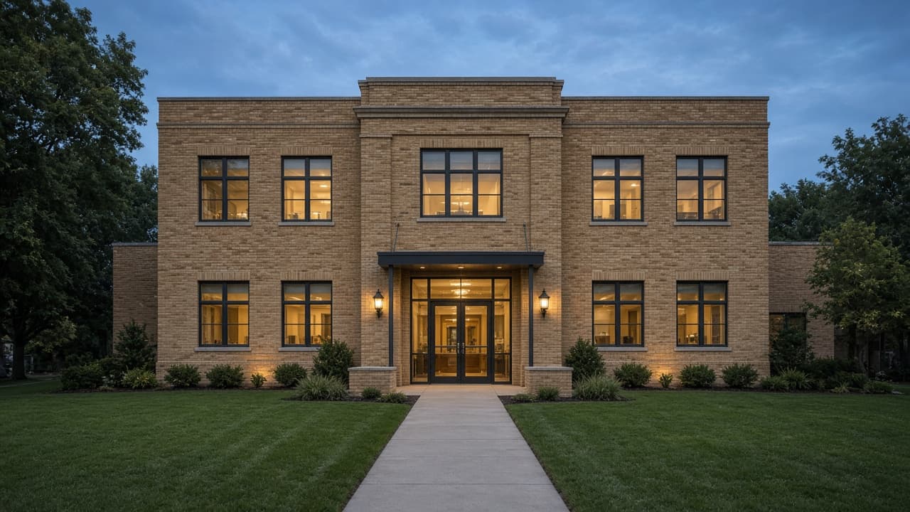 Two-story buff-brick office with a lit entry at blue hour.