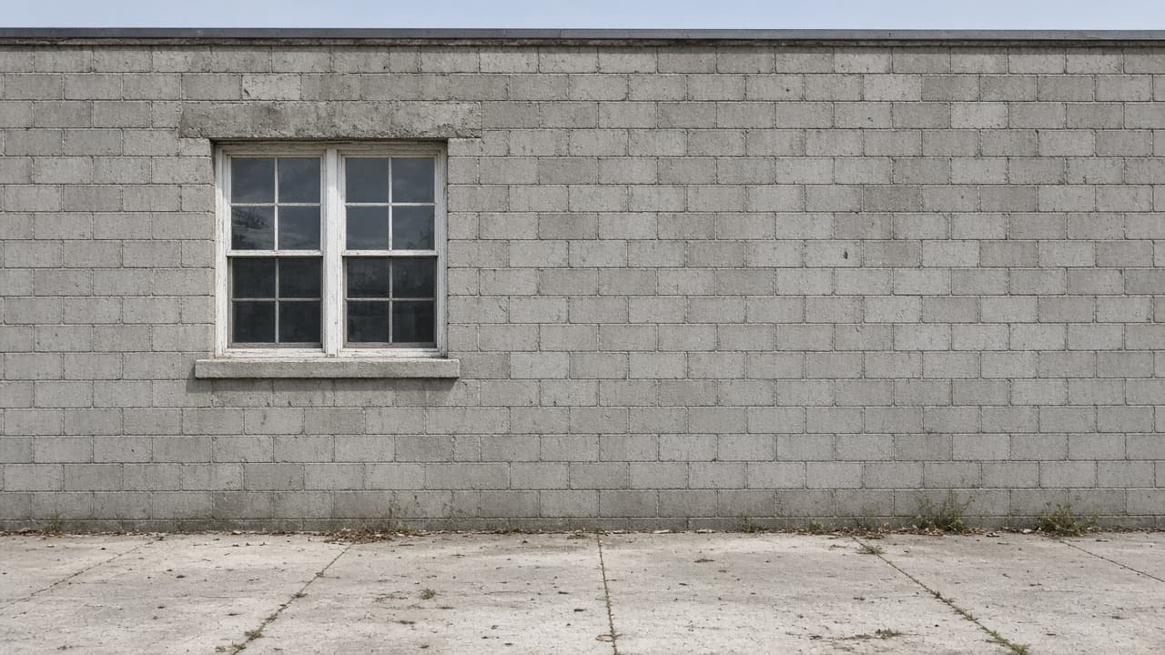 Plain concrete-block wall with one worn window and a cracked walk.