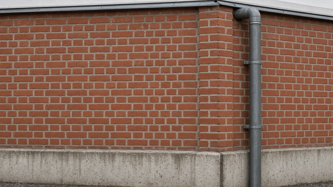 Close view of a brick building corner, a metal downspout, and the concrete foundation.