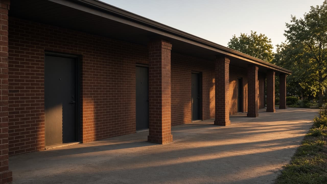 Covered walk of a dark-brick income building with repeated tenant doors.