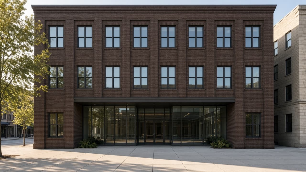 Three-story dark brick commercial building with a glass lobby, seen from the sidewalk.