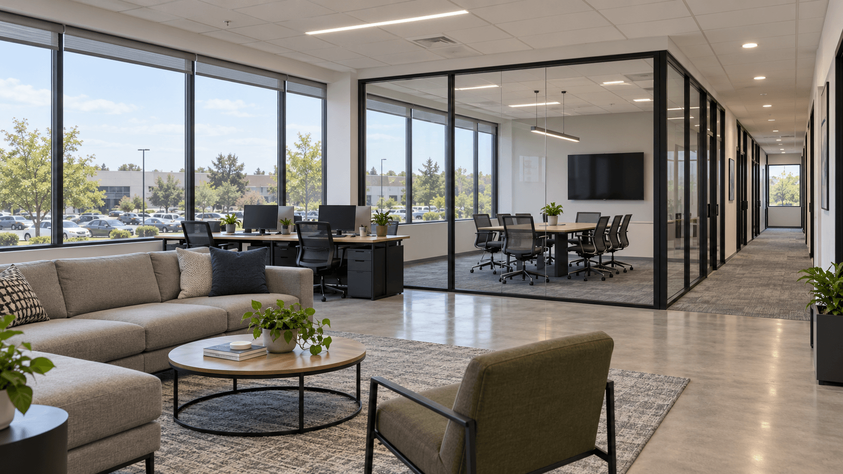 Modern commercial office space with a lounge, workstations, and a glass conference room, available for lease.