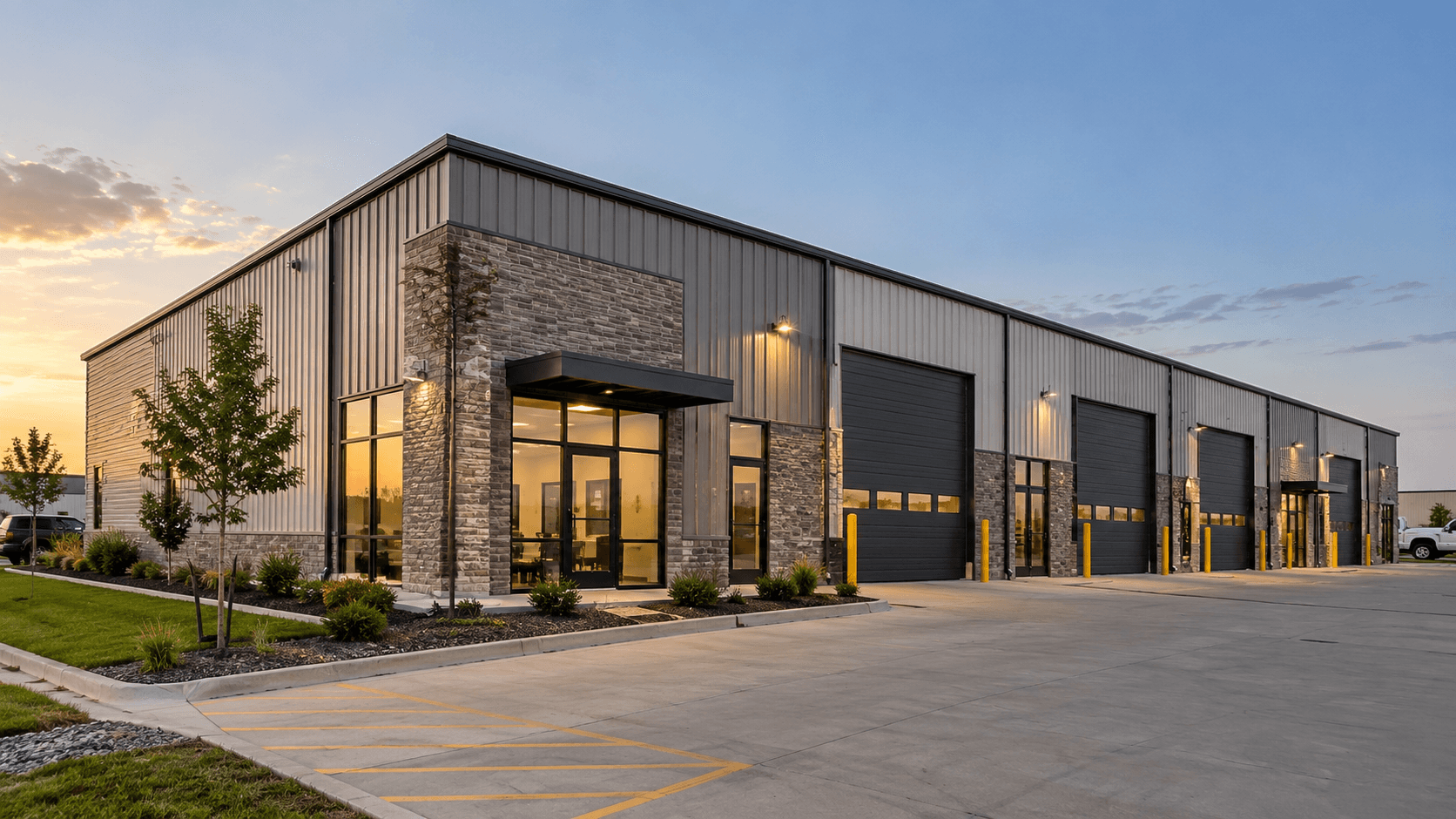 Modern flex industrial building with a glass office entry, overhead doors, and parking, available for lease.