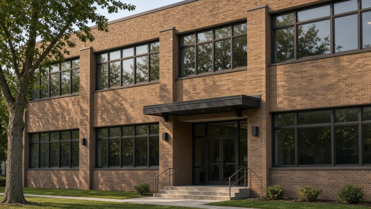 Two-story brown-brick office with horizontal window bands and a metal entry canopy.
