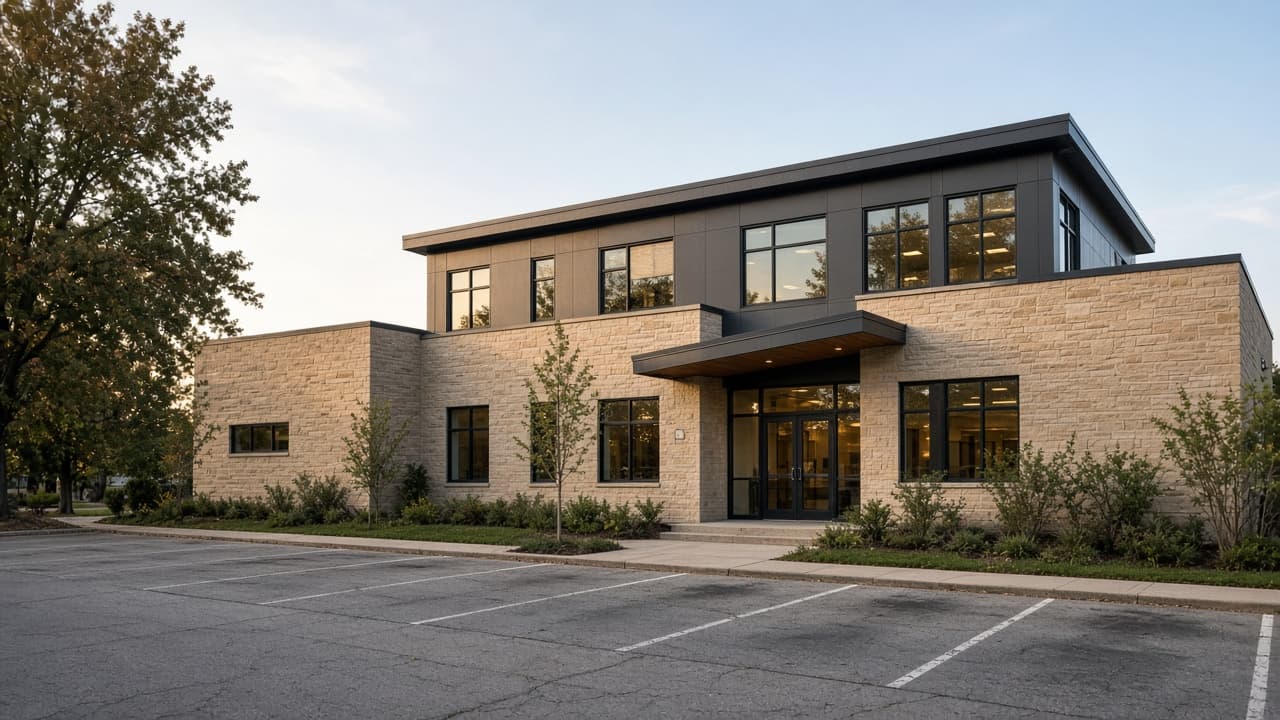 Two-story limestone and charcoal office building with a covered entry and parking.